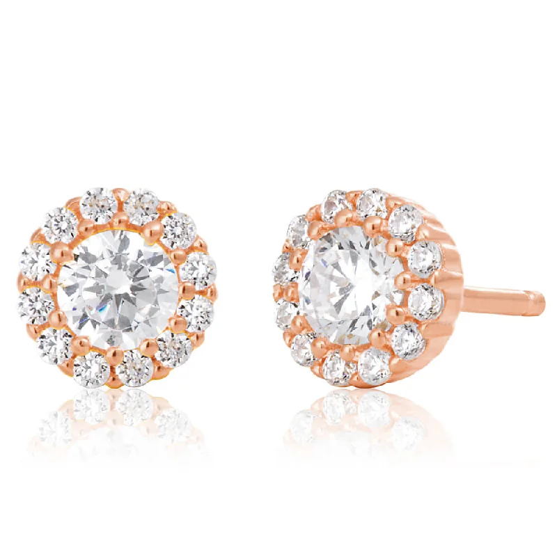 Designer Silver Earrings For Stylish Women-Sterling Silver Rose Gold Plated Cubic Zirconia Brilliant Cut Halo Stud Earrings