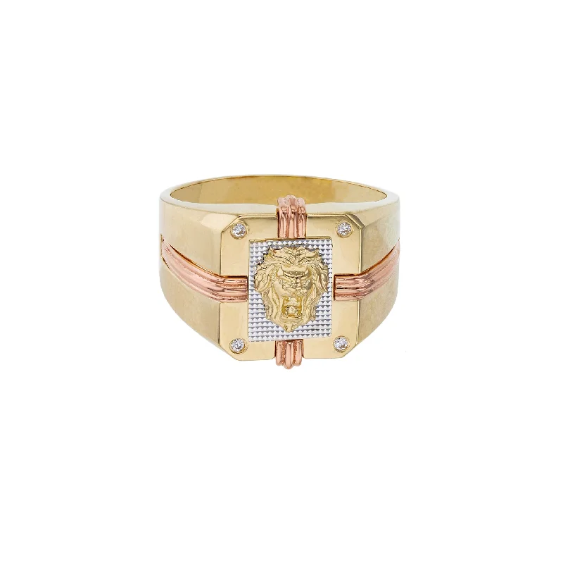 Simple Gold Rings For Elegant Glam-Tri-Color Lion Head Ring (14K)