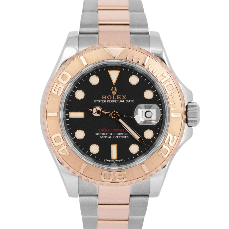 Beautiful Silver Watches With Gemstone Details-MINT Rolex Yacht-Master Black 40mm 18K Rose Gold Stainless Steel Watch 116621