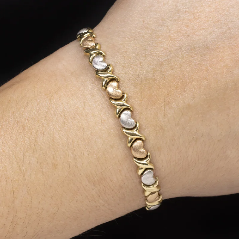 Sparkling Tennis-Style Bracelets For Elegant Occasions-SOLID 14k TRI TONE GOLD HANDMADE HEART BRACELET SATIN FINISH YELLOW ROSE WHITE