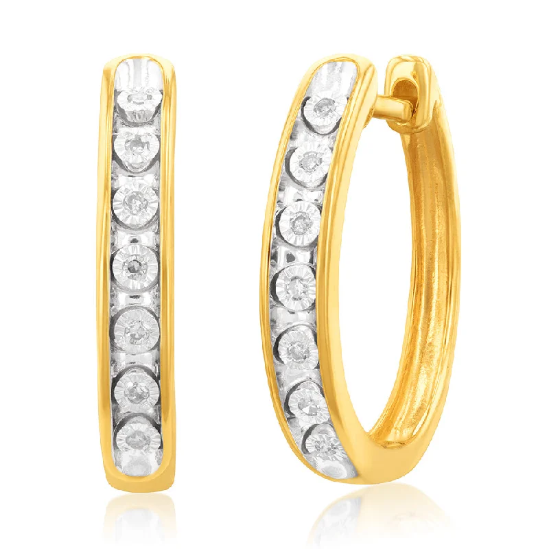 Simple Earrings For Minimalist Style-9ct Yellow Gold Diamond Hoop Earrings with 14 Brilliant Cut Diamonds