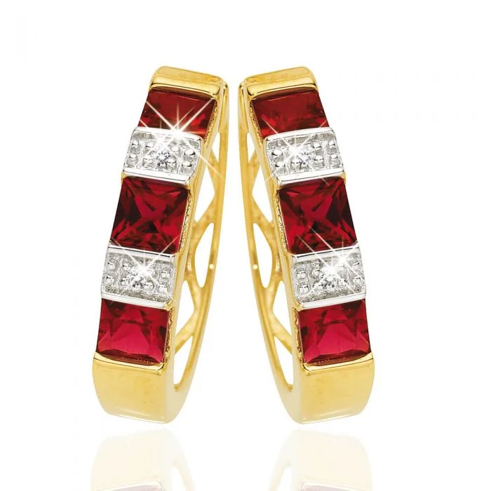 Elegant Crystal Earrings For Evenings Out-9ct Yellow Gold Created Ruby Diamond Hoop Earrings