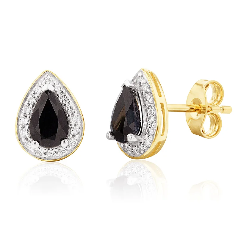 Large Statement Earrings For Confidence-9ct Yellow Gold 0.60ct Natural Sapphire and 0.15 Carat Diamond Pear Halo Stud Earrings