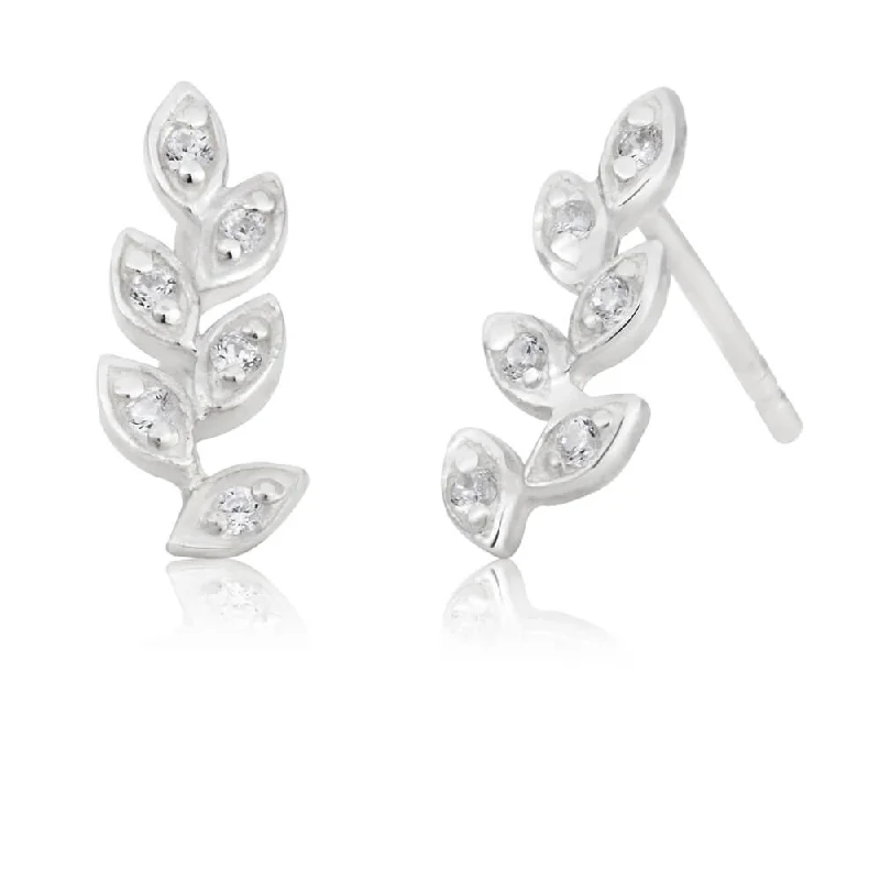 Silver Earrings For Everyday Glam-Sterling Silver Cubic Zirconia Leaf Branch Stud Earrings