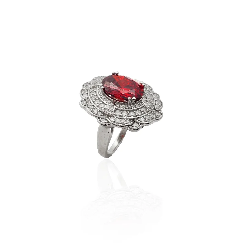 Colorful Engagement Rings For Bold Brides-Flower Red Center Stone CZ Ring (Silver).