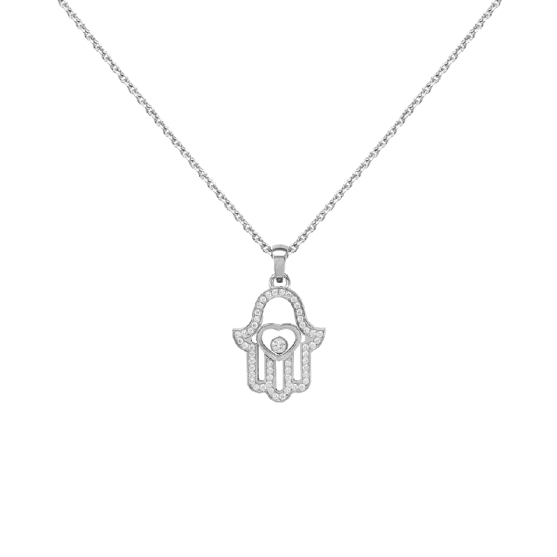 18Kt. White Gold Diamond Hand Of Fatima Hamsa Pendant Necklace