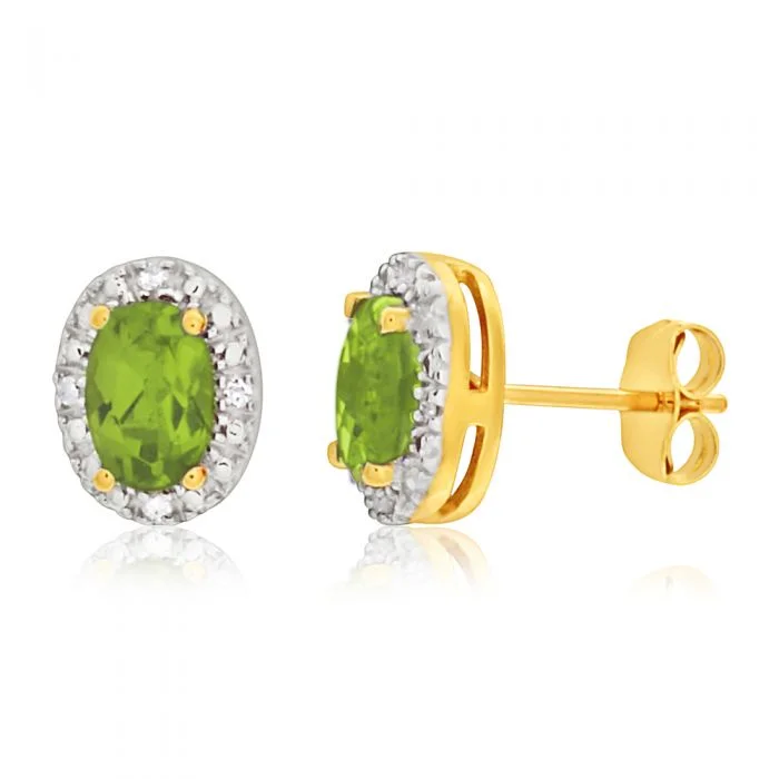 Silver Drop Earrings For Elegant Occasions-9ct Yellow Gold & White Gold Diamond + Peridot Stud Earrings