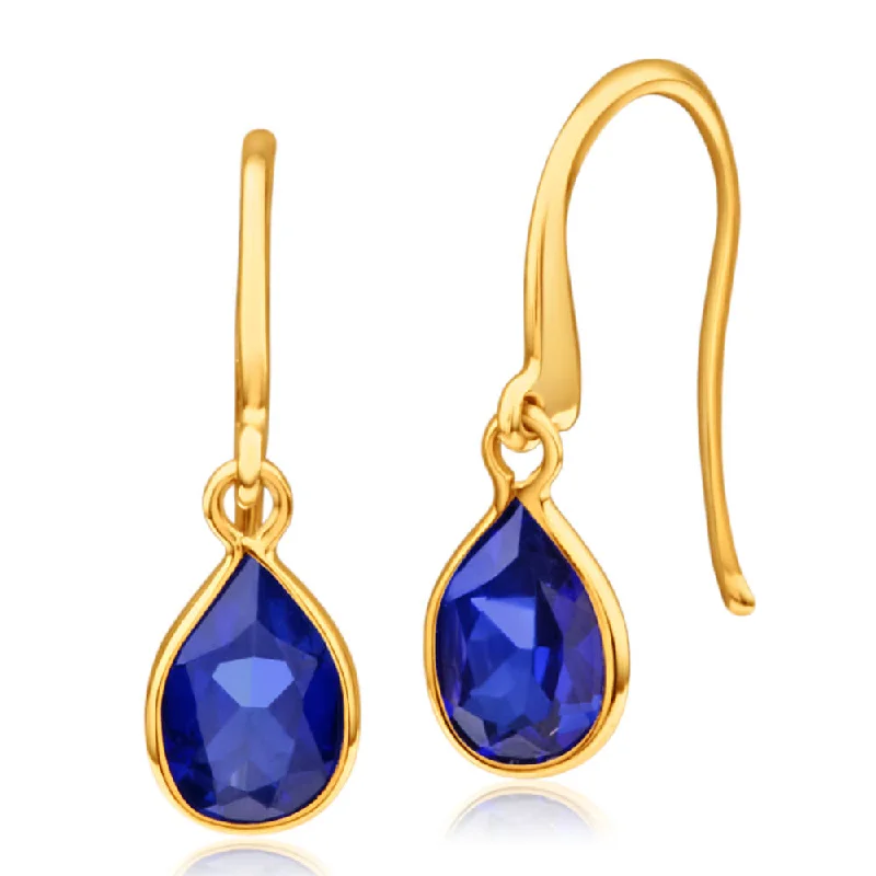 Black Earrings For Bold Contrasts-9ct Alluring Yellow Gold Created Sapphire Drop Earrings