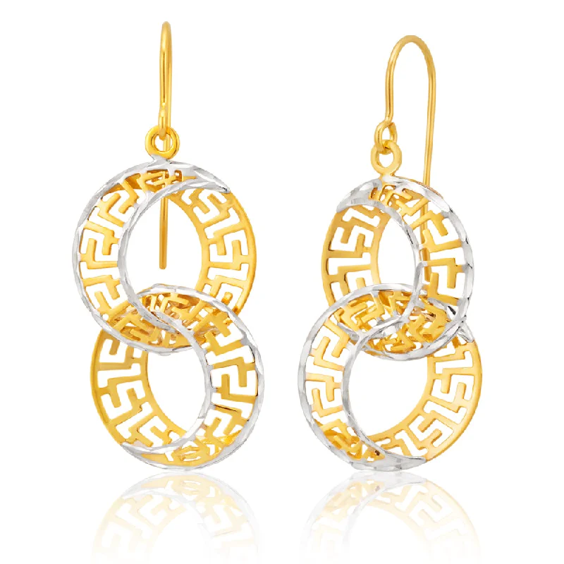 Vibrant Gemstone Earrings For Bold Looks-9ct Yellow Gold Silver Filled Double Hoop Greek key Earrings