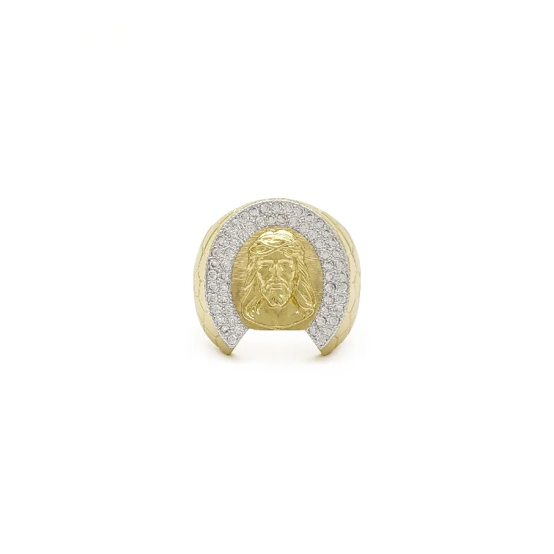 Classic Platinum Rings For Timeless Appeal-Iced-Out Jesus Cobble-Banded Ring (14K)