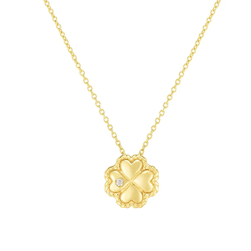 14kt Gold 18 inches Yellow Finish 9mm(CE),0.8mm(Ch) Polished with 2 inches Extender Clover Necklace with Lobster Clasp with 0.0100ct 1.3mm White Diamond