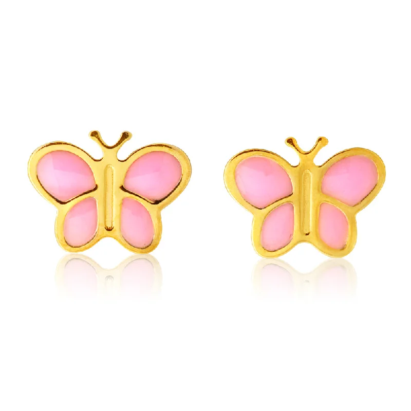 Classic Gold Earrings For Timeless Appeal-9ct Yellow Gold Stud Earrings with Pink Enamel Butterfly