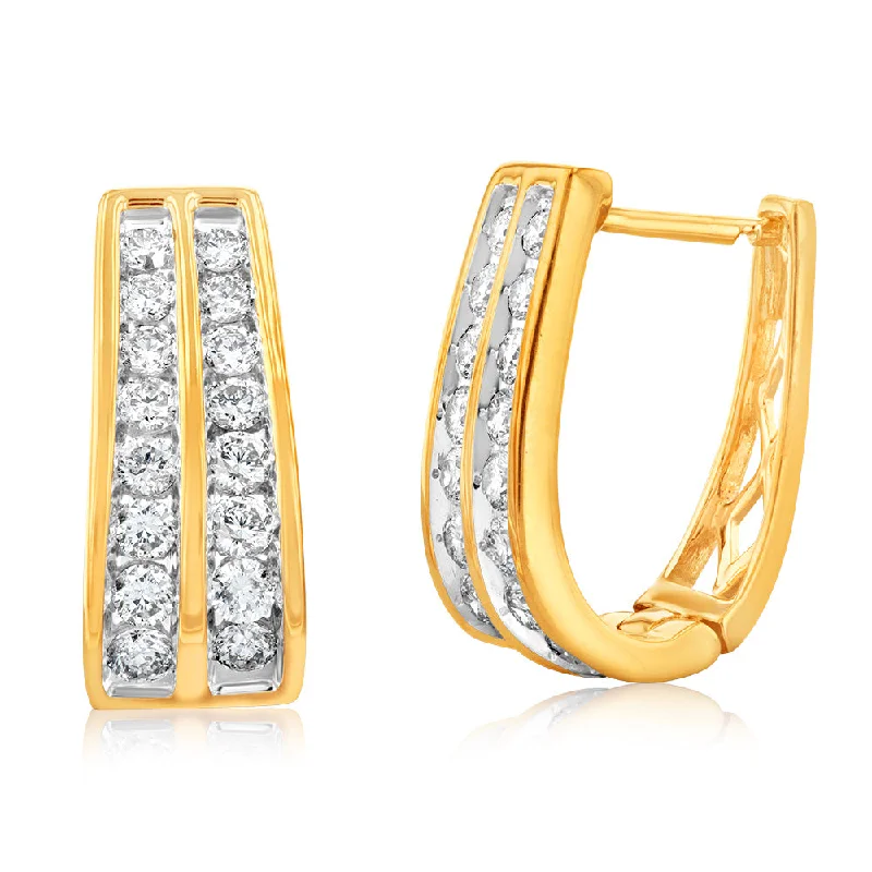 Gold Drop Earrings For Festive Style-9ct Yellow Gold 1 Carat Diamond Double Row Hoop Earrings