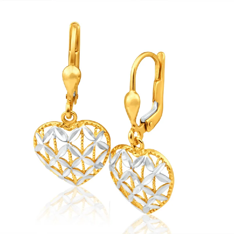 Minimalist Earrings For Daily Wear-9ct Yellow Gold & White Gold Two-Tone Heart Shaped Filigree Drop Earrings