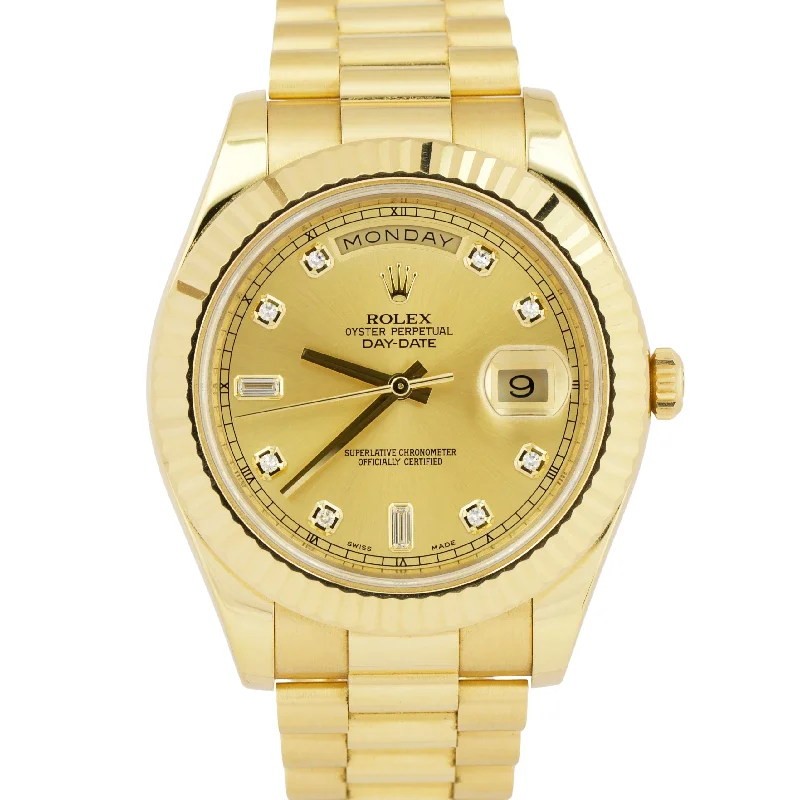 Luxury Solar-Powered Watches For Sustainable Fashion-PAPERS Rolex Day-Date II 41mm CHAMPAGNE DIAMOND 18K Gold Fluted 218238 BOX