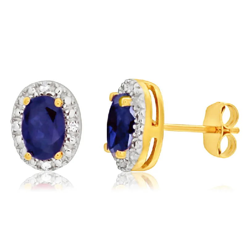 Fashionable Earrings For Young Women-9ct Yellow Gold Created Sapphire 6x4mm + Diamond Stud Earrings