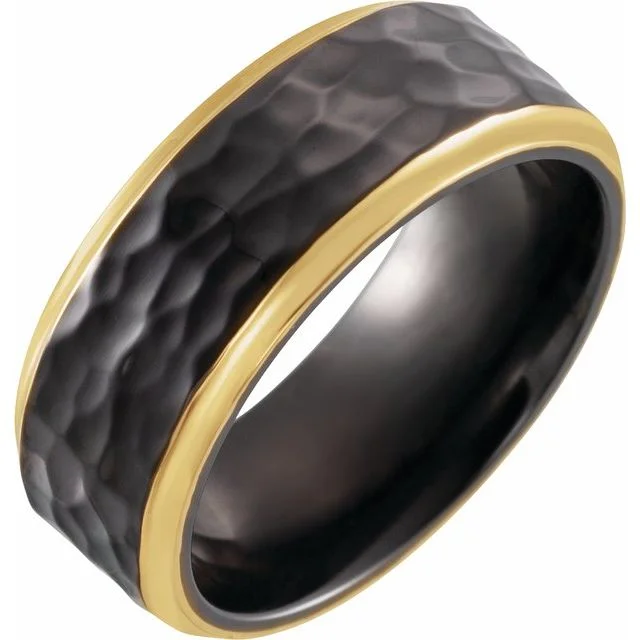 Elegant Silver Rings For Subtle Glam-18K Yellow Gold PVD Black Titanium 8 mm Flat Band with Hammer Finish