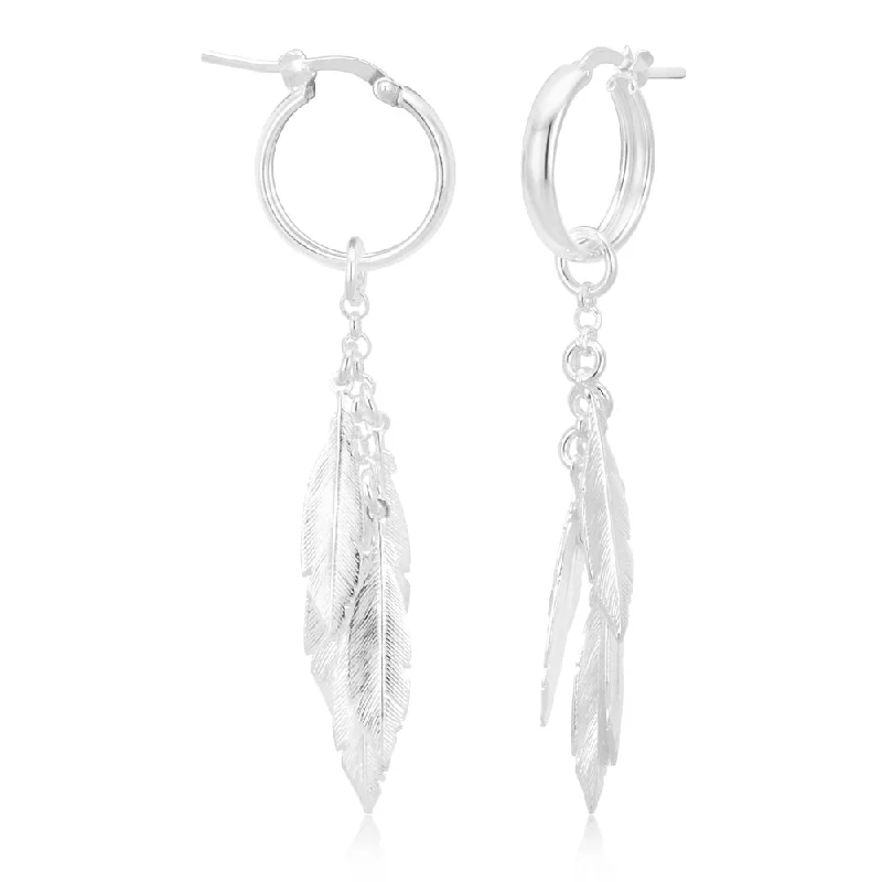 Small Dangle Earrings For Casual Looks-Sterling Silver Hoop and Multi Feather Drop Earrings