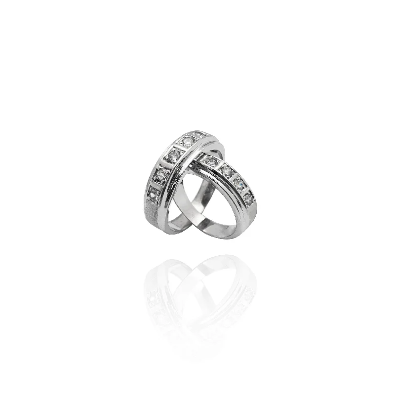 Stunning Cocktail Rings For Bold Glam-White Gold Stoneset Aperture Wedding Band Set (14K)