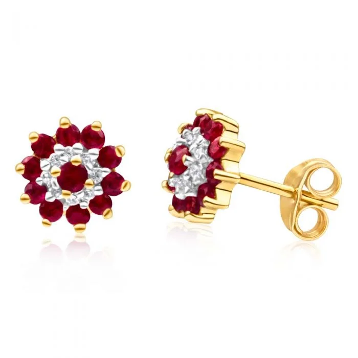 Silver Cluster Earrings For Elegant Appeal-9ct Yellow Gold Natural Ruby and Diamond Flower Cluster Stud Earrings