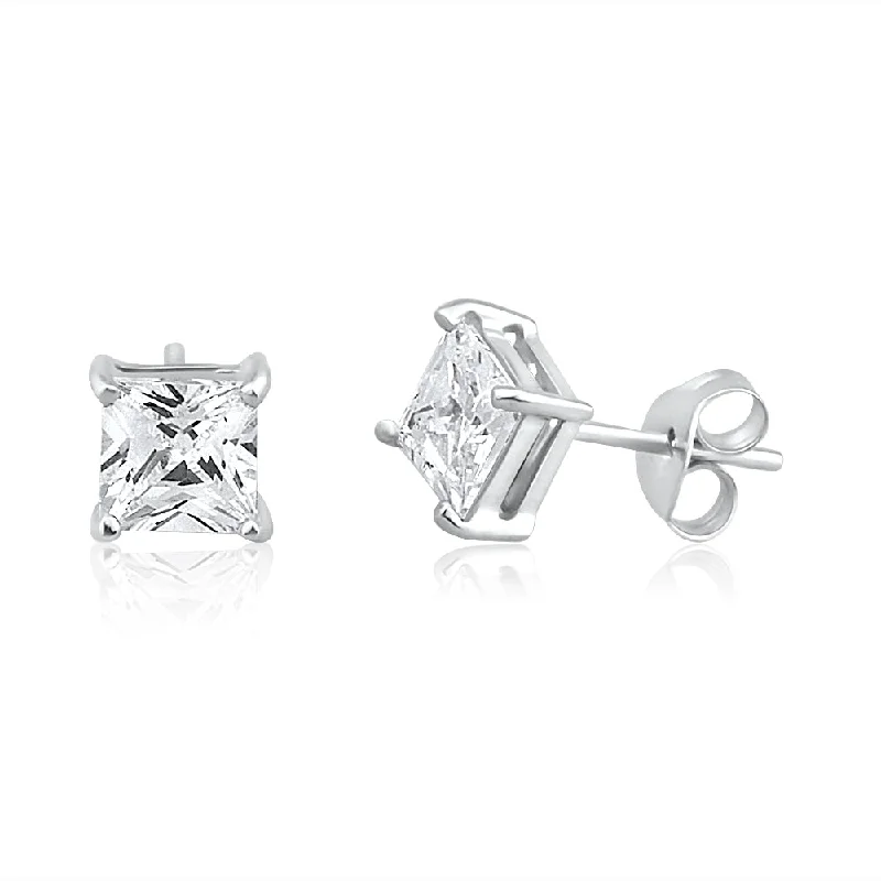 Natural Stone Earrings For Boho Style-9ct White Gold Princess Cut Cubic Zirconia 5mm Stud Earrings