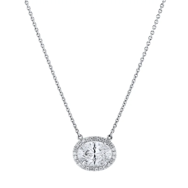 White Gold Oval Diamond Pave Pendant Necklace