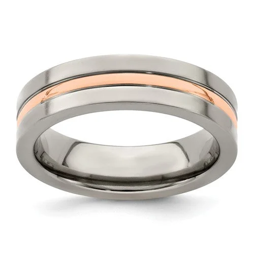 Colorful Birthstone Rings For Personalized Gifts-Edward Mirell Titanium And 14k Rose Gold Grooved 6mm Band