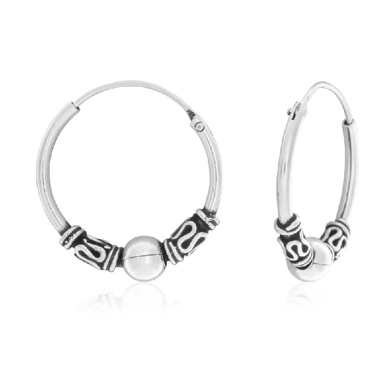 Party Earrings For Bold Styles-Sterling Silver Fancy Oxidised Bead Hoop Earrings