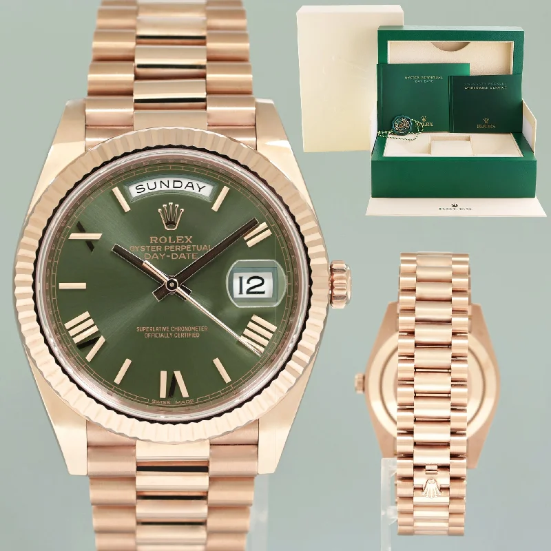 Unique Wood Watches For Natural Style-2022 MINT Rolex President 40mm Rose Gold Olive Green 228235 Watch Box