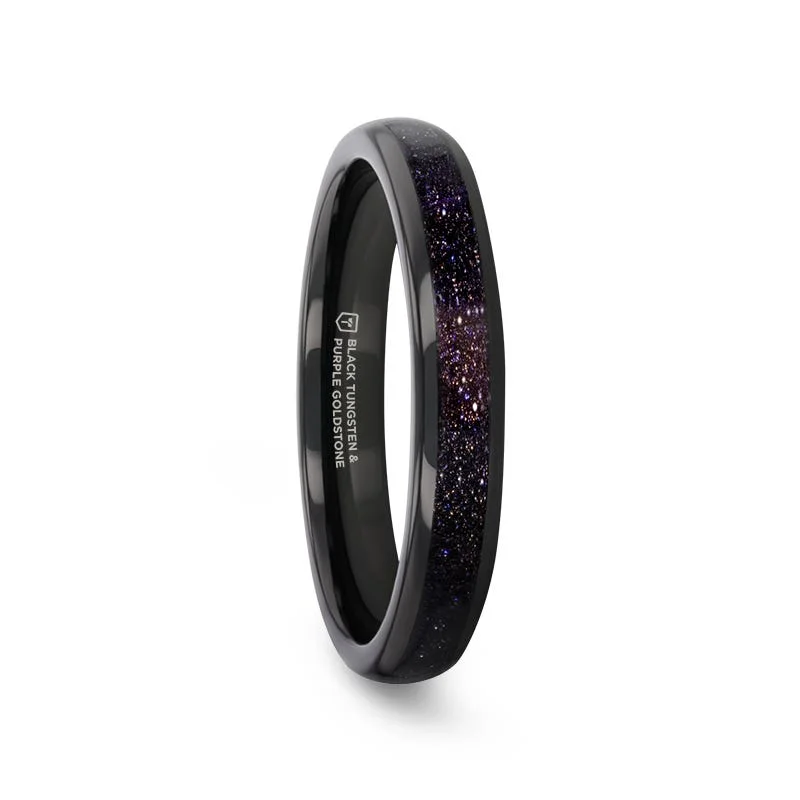 Unique Engagement Rings For Special Occasions-Thorsten ASTRUM Black Tungsten with Crushed Blue and Purple Goldstone Inlay 4mm Ring