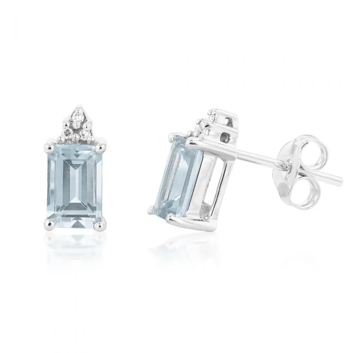 Long Earrings For Fashionistas-9ct White Gold Aquamarine Emerald Cut and Diamond Stud Earrings