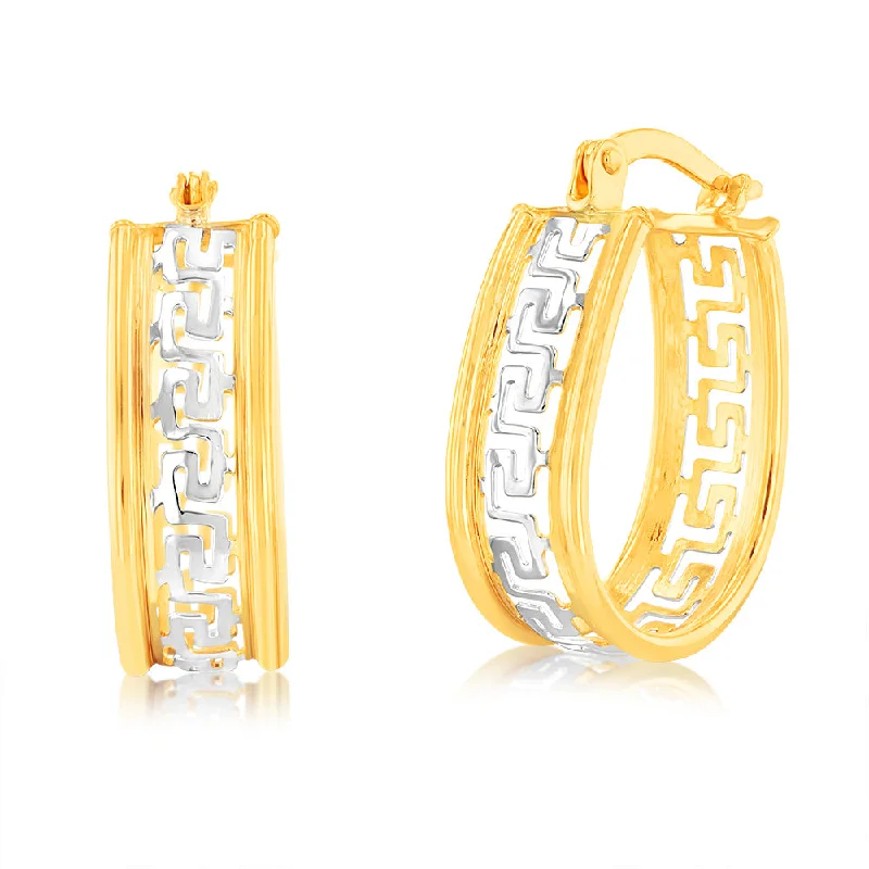 Unique Long Earrings For Bold Fashion-9ct Yellow Gold Silver Filled Oval Hoop Earrings with Greek Key of Life Design