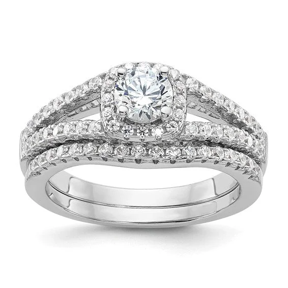 Luxury Diamond Rings For Elegant Style-Sterling Silver CZ Brilliant Embers 2-Piece Halo Wedding Set