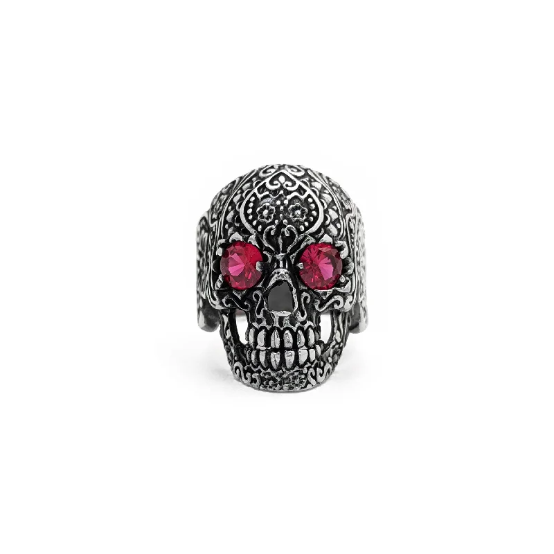 Trendy Two-Tone Rings For Unique Style-Antique Finish Floral Crimson Eye Skull Ring (Silver)