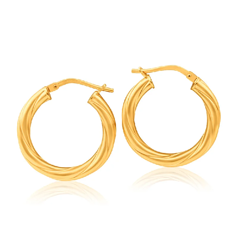 Elegant Gemstone Earrings For Weddings-9ct Yellow Gold Silver Filled 15mm Hoop Earrings with twist pattern