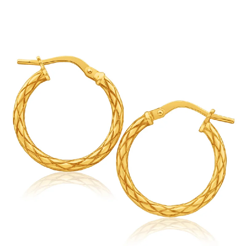 Elegant Silver Earrings For Evening Wear-9ct Yellow Gold Silver Filled Patterned 15mm Hoop Earrings