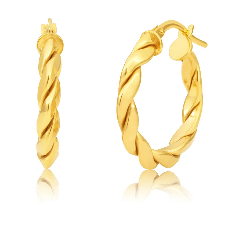 Chic Earrings For Office Wear-Silverfilled 9ct Yellow Gold Fancy Twist 15mm Hoop Earrings