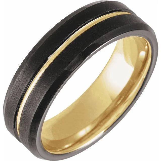 Gorgeous Gemstone Rings For Bold Fashion-18K Yellow Gold PVD & Black PVD Tungsten 7 mm Grooved Band