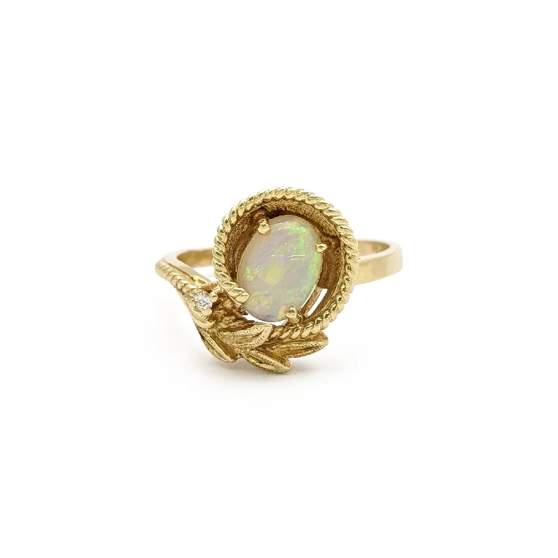 Elegant Vintage Rings For Timeless Glam-Olive Opal and Diamond Ring (14K)