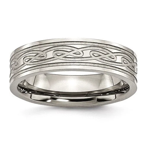 Dainty Rings For Subtle Elegance-Titanium Flat Laser Etched Celtic Knot 6mm Polished Band