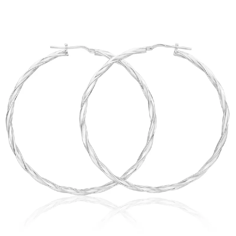 Elegant Bead Earrings For Classy Fashion-Sterling Silver 50mm Twisted Hoop Earrings