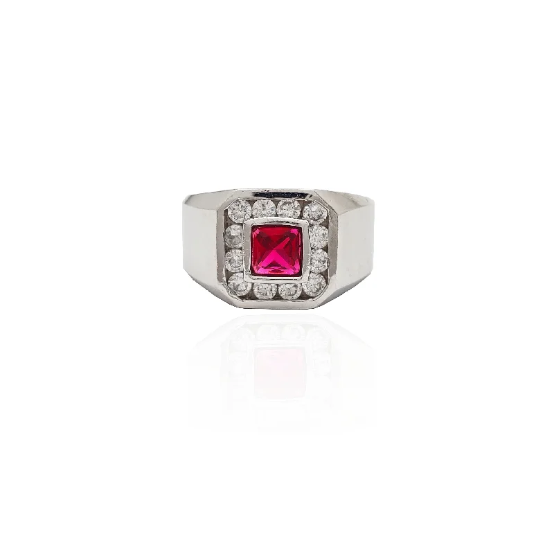 Bold Gemstone Rings For Statement Pieces-Bezel Set Square Red Stone Halo CZ Ring (14K).