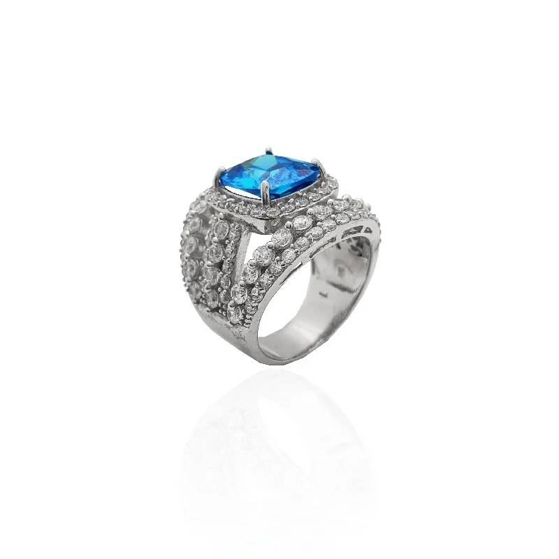 Elegant Engagement Rings For Romantic Proposals-Blue Stone Tri-Banded Cocktail Ring (Silver)