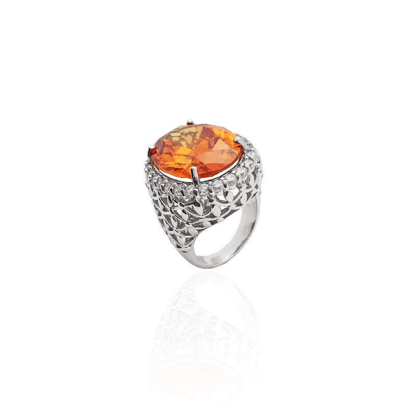 Simple Silver Rings For Everyday Glam-Orange Stone Halo Mount Ring (Silver)