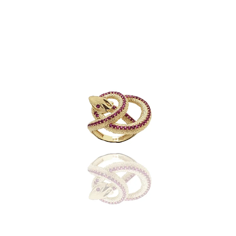 Beautiful Titanium Rings For Contemporary Style-Crimson Stripe Tangled Snake Ring (14K)