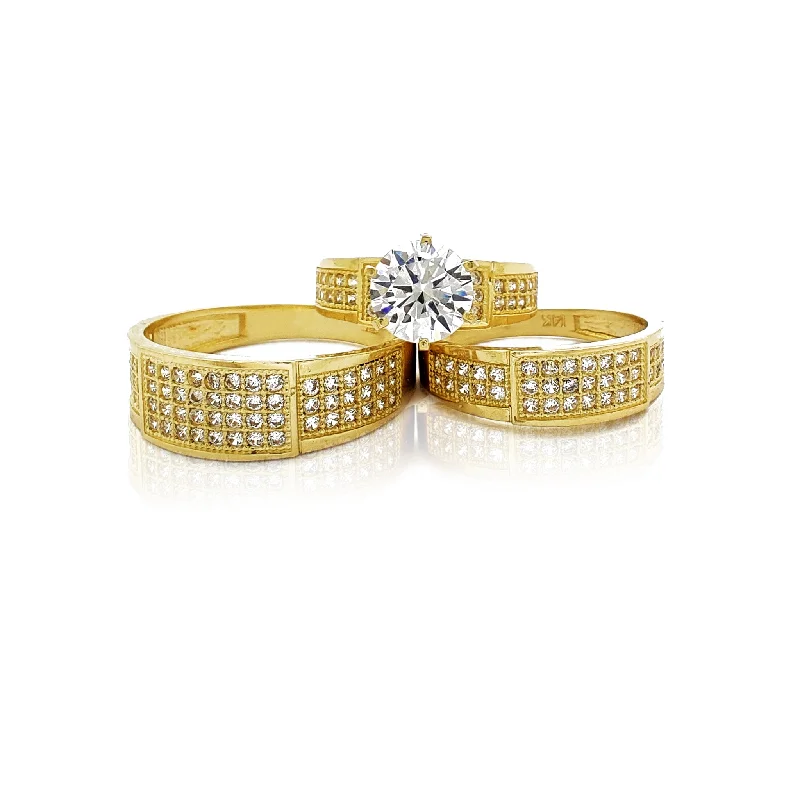 Unique Gold Rings For Special Occasions-Pave Rectangle Shape Three Piece-Set (14K)