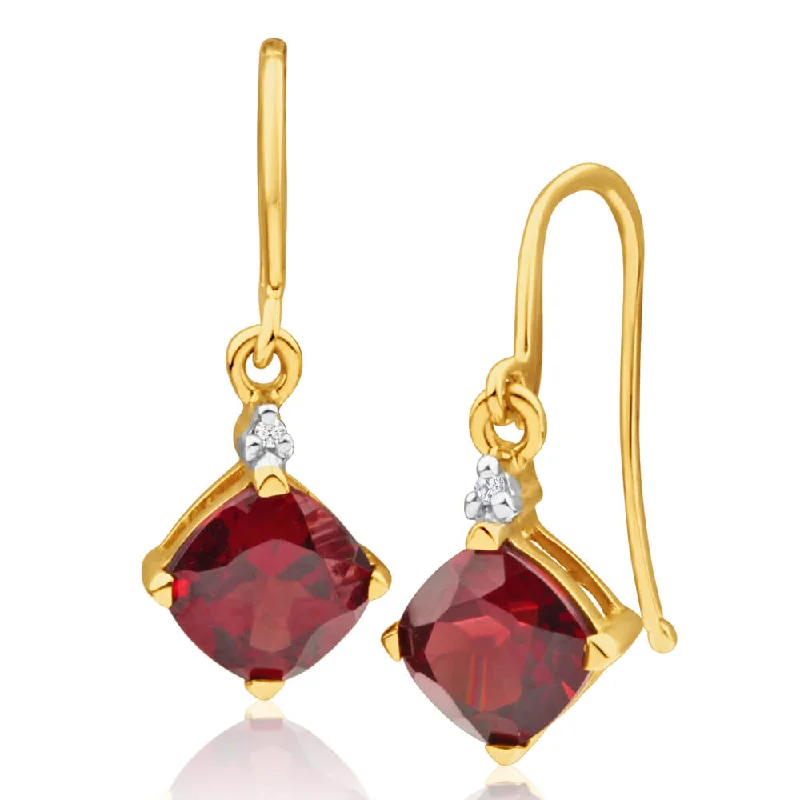 Bold Earrings For Confident Women-9ct Yellow Gold Garnet and Diamond Drop Earrings