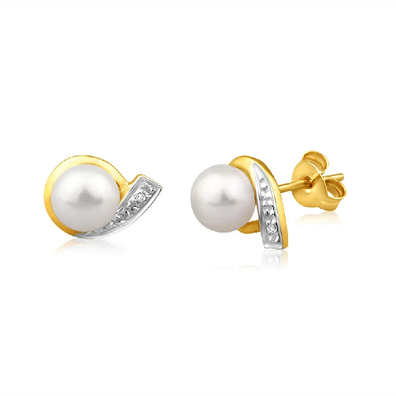 Silver Gemstone Earrings For Colorful Flair-9ct Dazzling Yellow Gold Diamond + Freshwater Pearl Stud Earrings