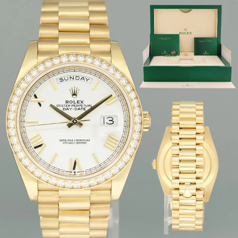 Trendy Smart Watches For Modern Fashion-2022 Rolex Day Date 40 Yellow Gold President White Roman Diamond Bezel 228348 Watch