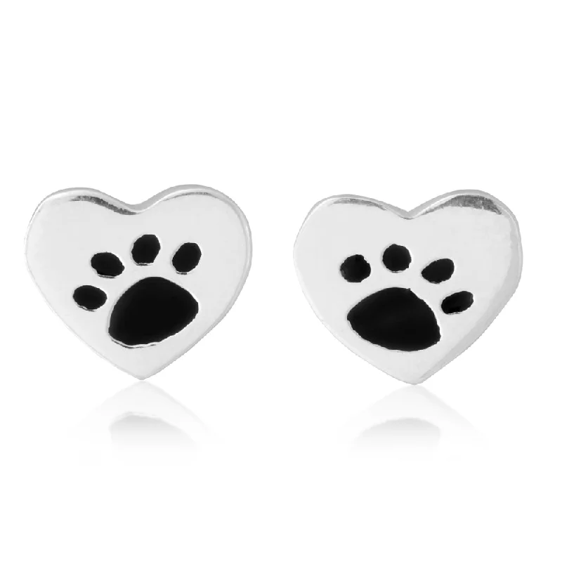 Sterling Silver Earrings For Sensitive Skin-Sterling Silver Heart with Paw Print Stud Earrings